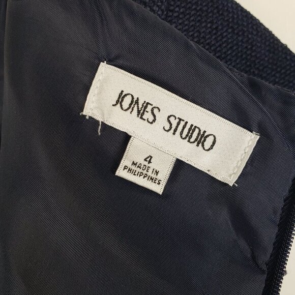 Jones Studio Cap Sleeve Swing Dress Navy Blue Woven Burlap A-Line Retro Size 4 - Picture 8 of 10